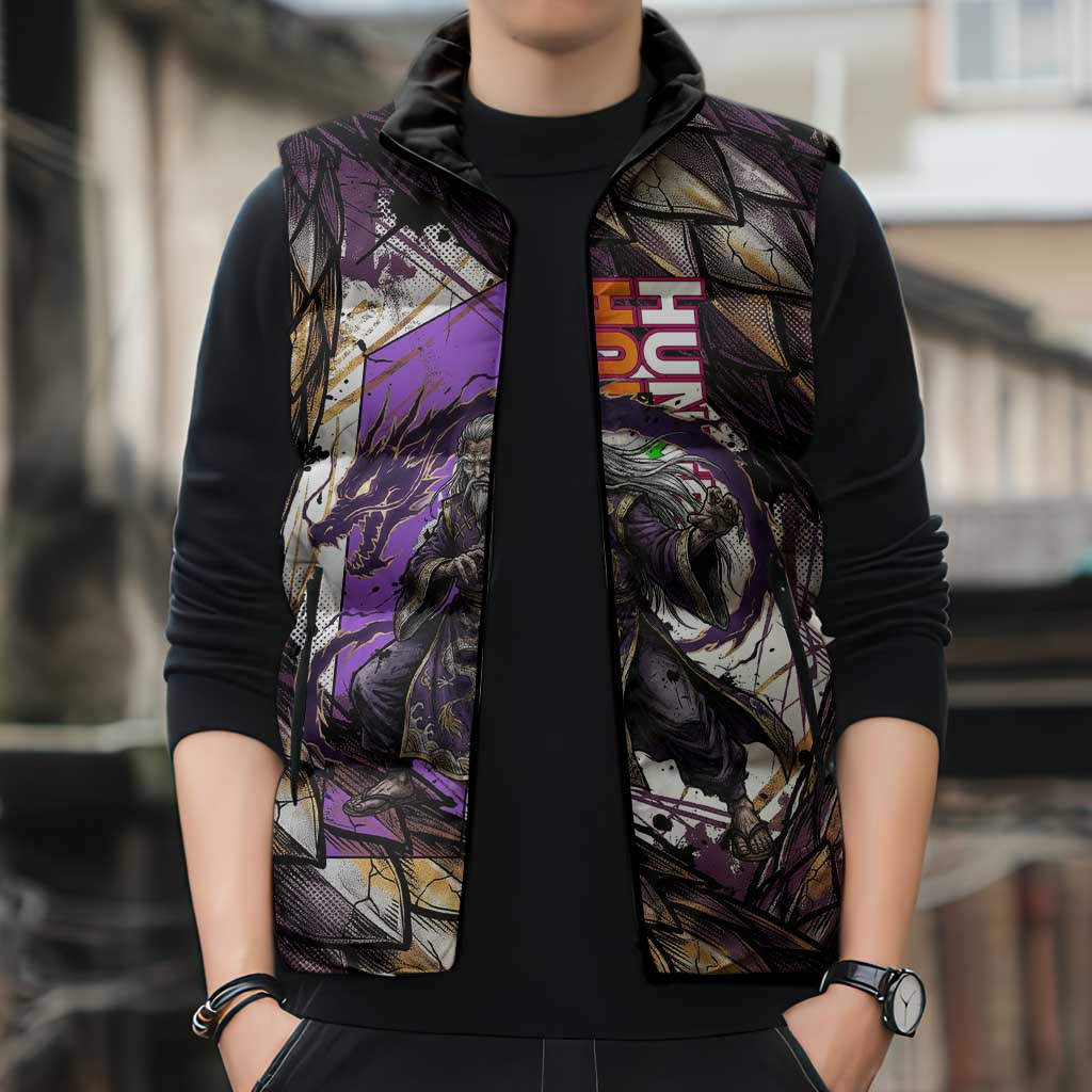 Zeno Zoldyck Theme White and Purple Dragon Aura Design Sleeveless Puffer Jacket with Dark Energy Card Artwork - The Mazicc