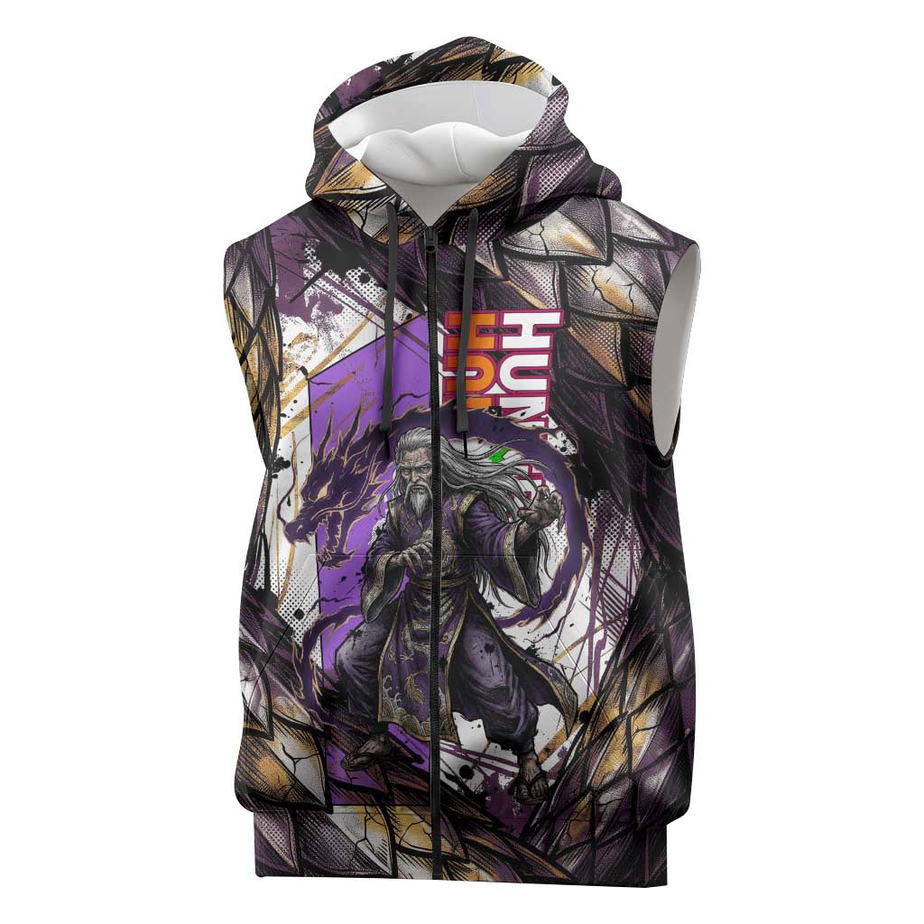 Zeno Zoldyck Theme White and Purple Dragon Aura Design Sleeveless Zip Hoodie with Dark Energy Card Artwork - The Mazicc
