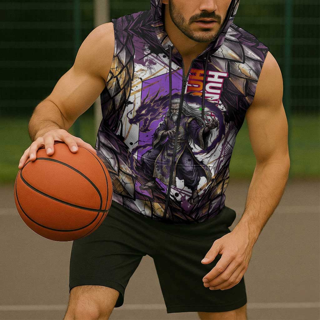 Zeno Zoldyck Theme White and Purple Dragon Aura Design Sleeveless Zip Hoodie with Dark Energy Card Artwork - The Mazicc