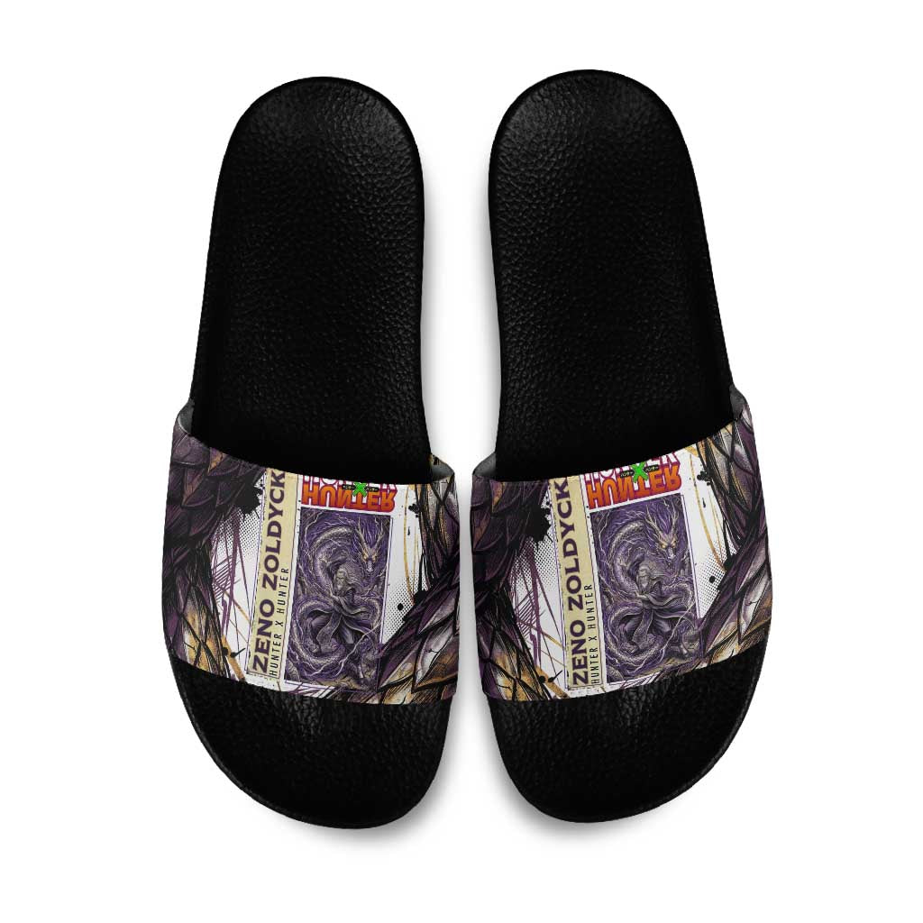 Zeno Zoldyck Theme White and Purple Dragon Aura Design Slide Sandals with Dark Energy Card Artwork - The Mazicc