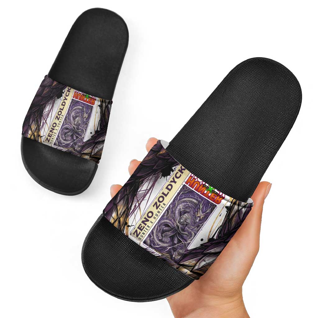 Zeno Zoldyck Theme White and Purple Dragon Aura Design Slide Sandals with Dark Energy Card Artwork - The Mazicc