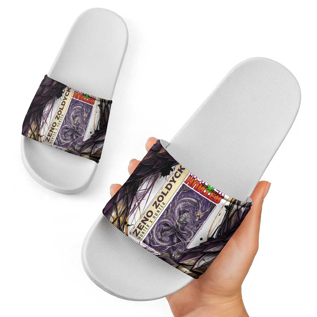 Zeno Zoldyck Theme White and Purple Dragon Aura Design Slide Sandals with Dark Energy Card Artwork - The Mazicc