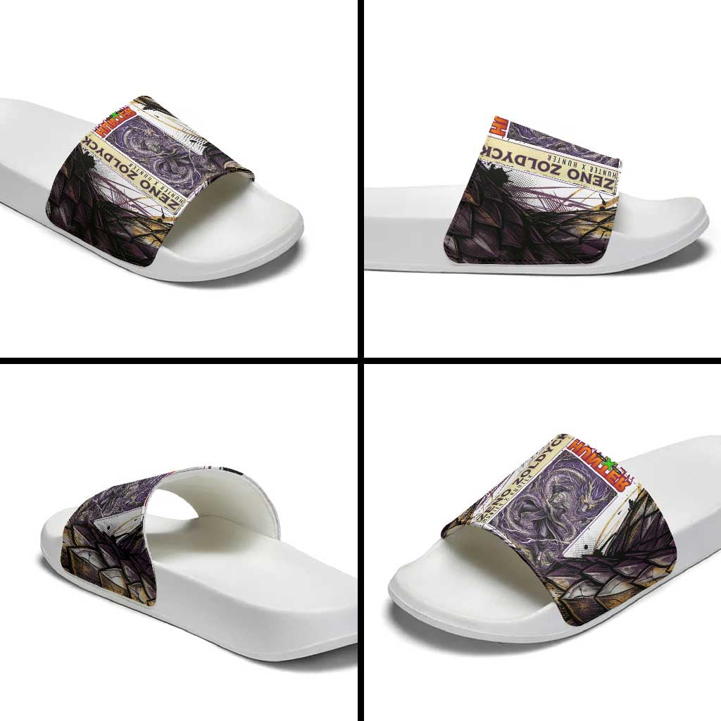 Zeno Zoldyck Theme White and Purple Dragon Aura Design Slide Sandals with Dark Energy Card Artwork - The Mazicc
