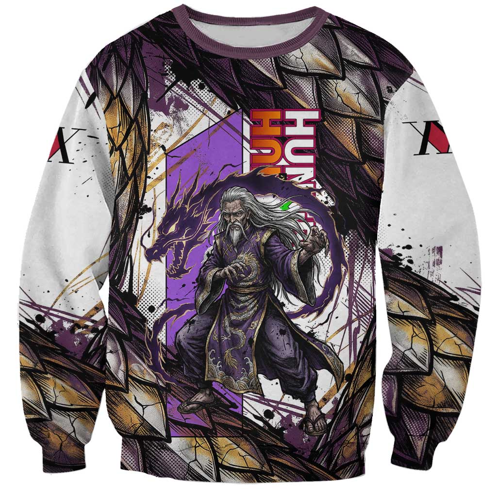 Zeno Zoldyck Theme White and Purple Dragon Aura Design Sweatshirt with Dark Energy Card Artwork - The Mazicc
