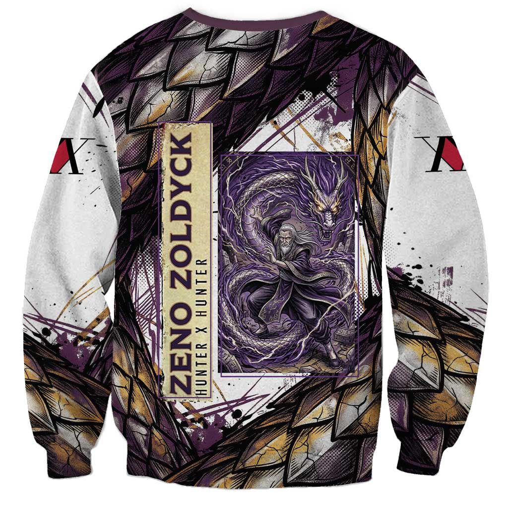 Zeno Zoldyck Theme White and Purple Dragon Aura Design Sweatshirt with Dark Energy Card Artwork - The Mazicc