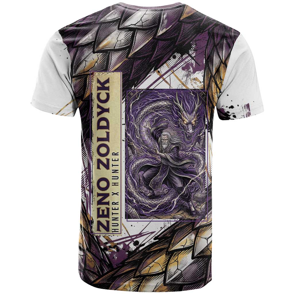 Zeno Zoldyck Theme White and Purple Dragon Aura Design T Shirt with Dark Energy Card Artwork - The Mazicc