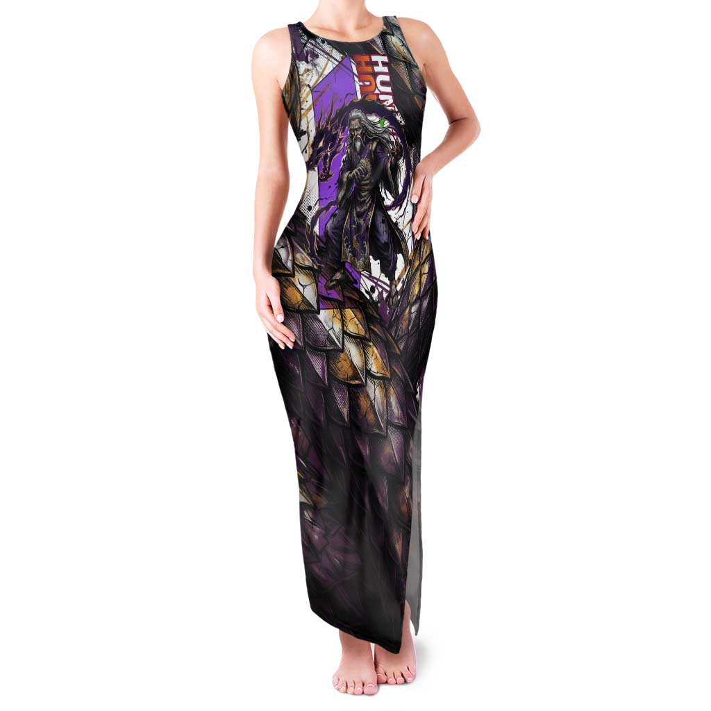 Zeno Zoldyck Theme White and Purple Dragon Aura Design Tank Maxi Dress with Dark Energy Card Artwork - The Mazicc