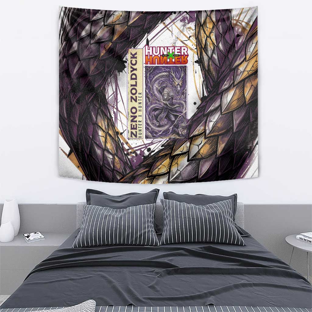 Zeno Zoldyck Theme White and Purple Dragon Aura Design Tapestry with Dark Energy Card Artwork - The Mazicc