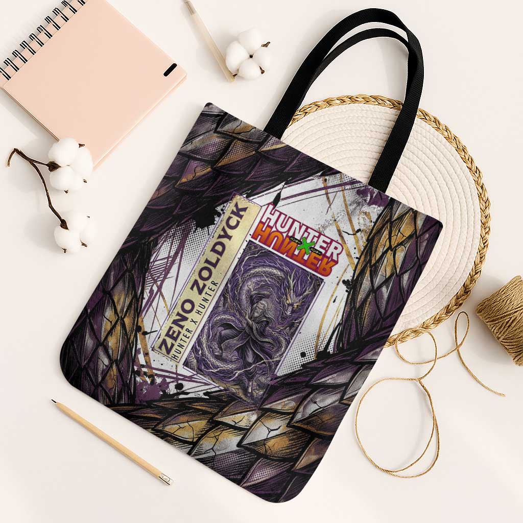 Zeno Zoldyck Theme White and Purple Dragon Aura Design Tote Bag with Dark Energy Card Artwork - The Mazicc