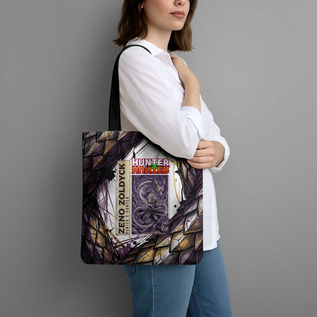 Zeno Zoldyck Theme White and Purple Dragon Aura Design Tote Bag with Dark Energy Card Artwork - The Mazicc