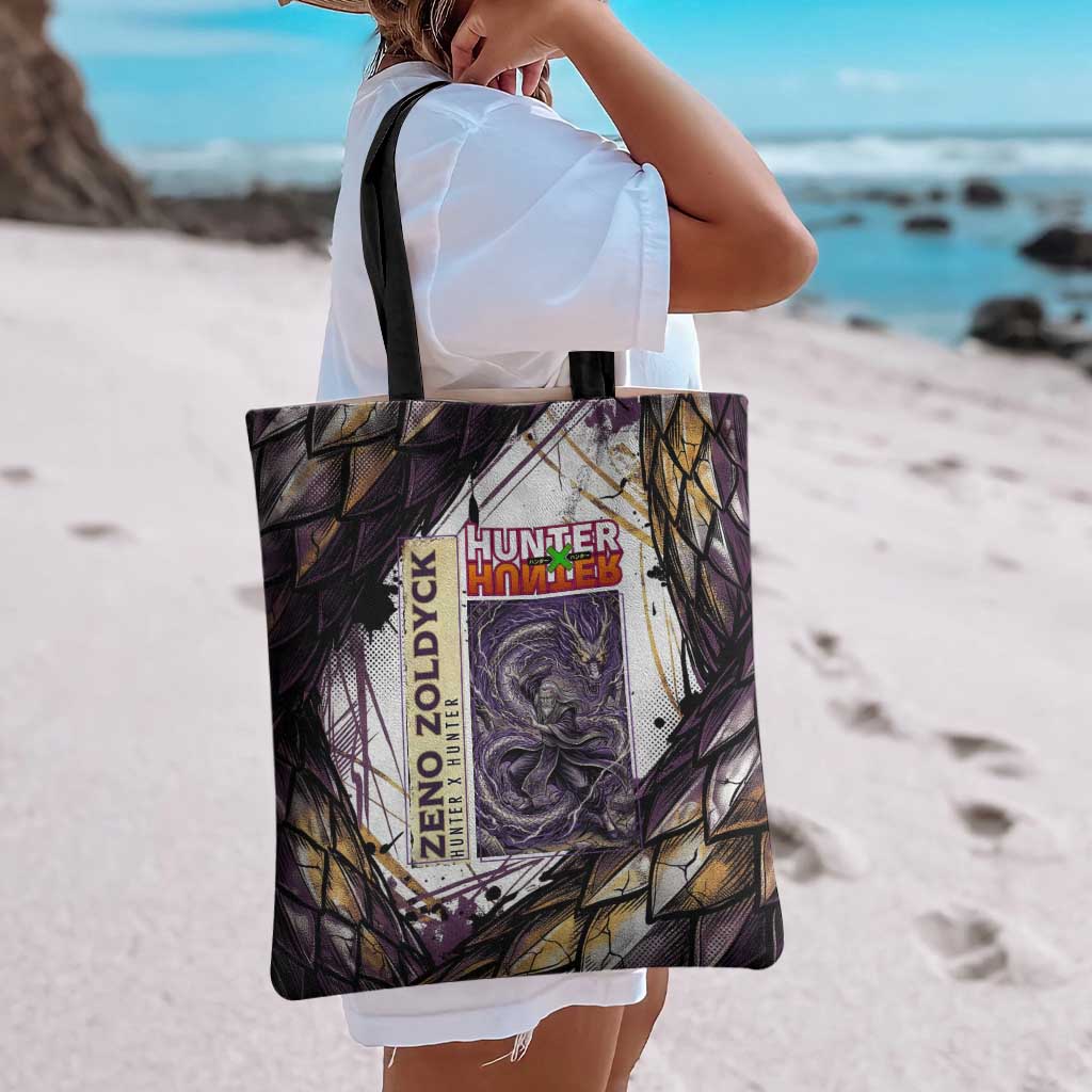 Zeno Zoldyck Theme White and Purple Dragon Aura Design Tote Bag with Dark Energy Card Artwork - The Mazicc