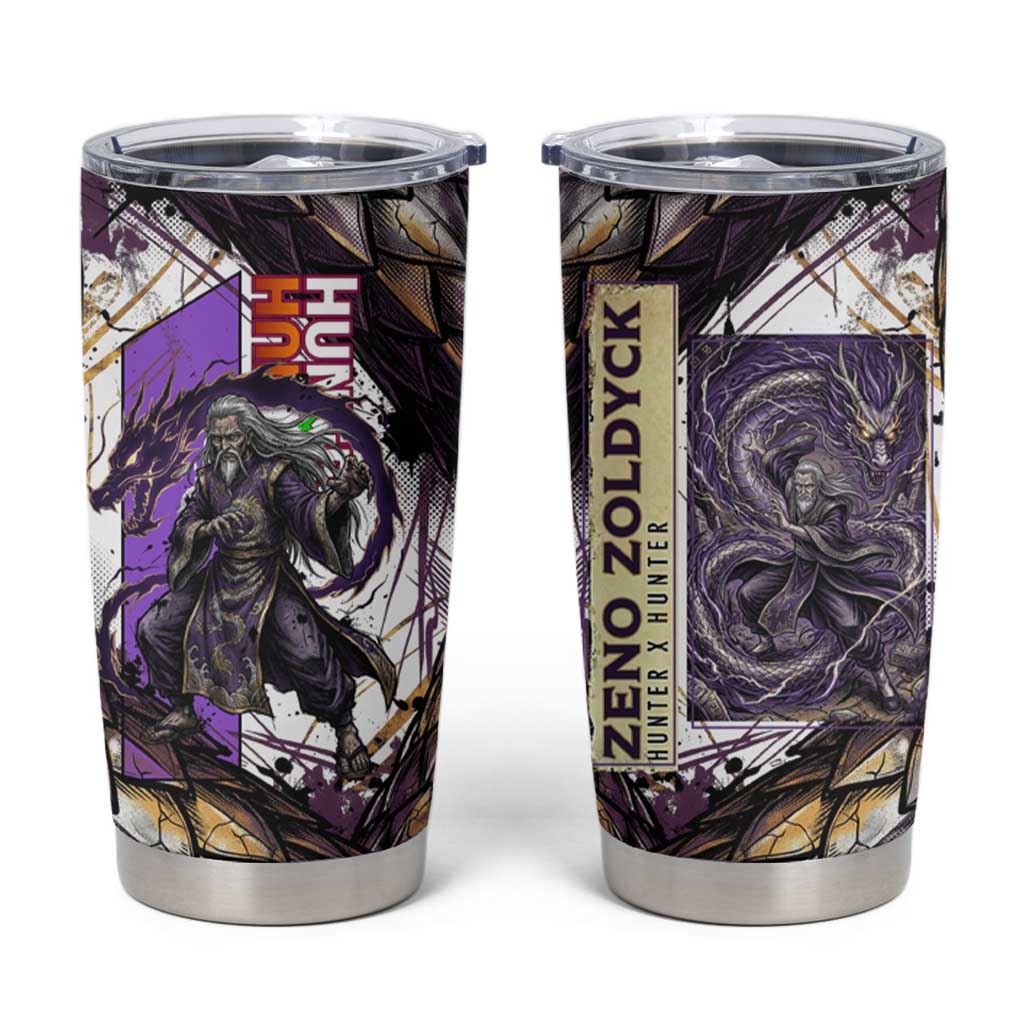 Zeno Zoldyck Theme White and Purple Dragon Aura Design Tumbler Cup with Dark Energy Card Artwork - The Mazicc