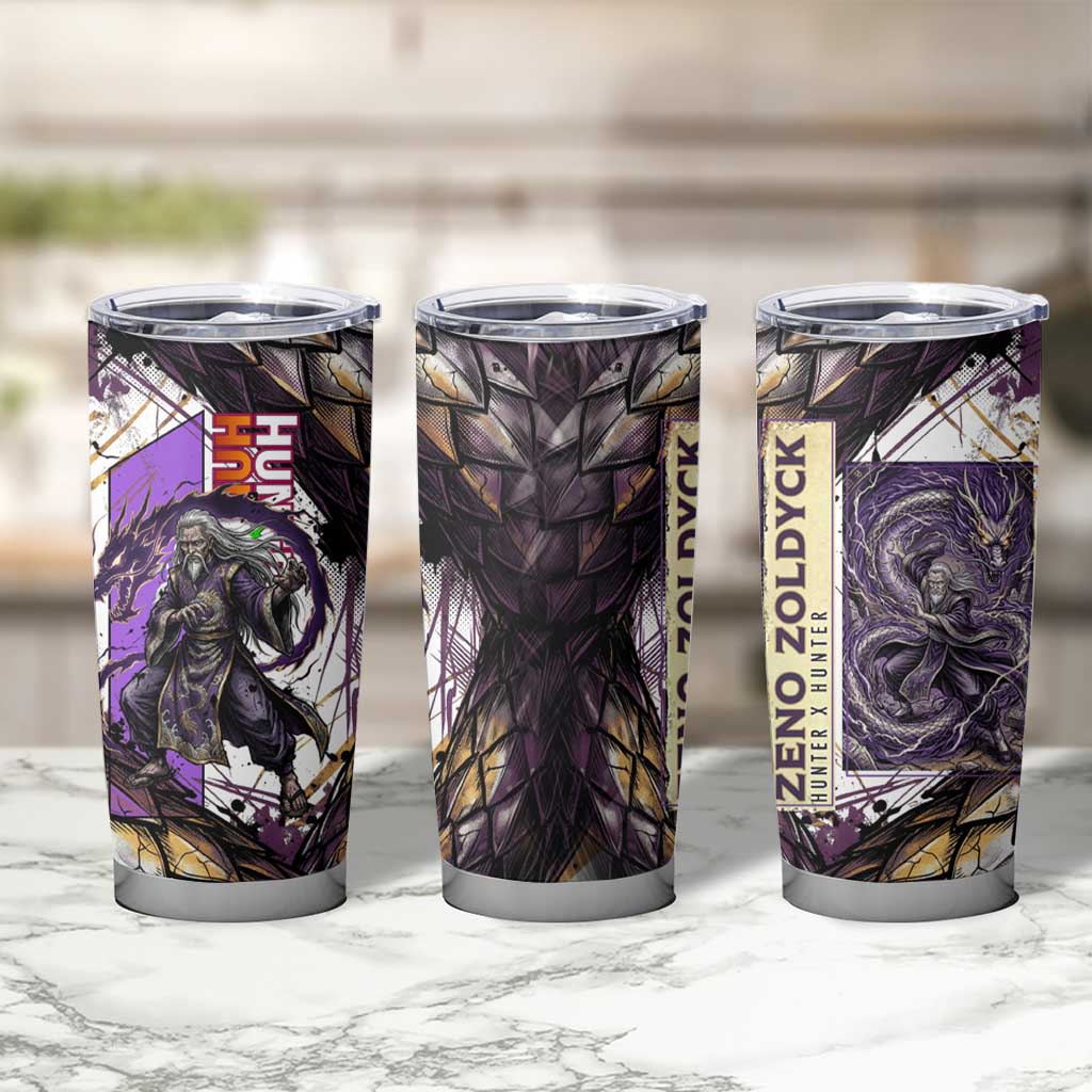 Zeno Zoldyck Theme White and Purple Dragon Aura Design Tumbler Cup with Dark Energy Card Artwork - The Mazicc