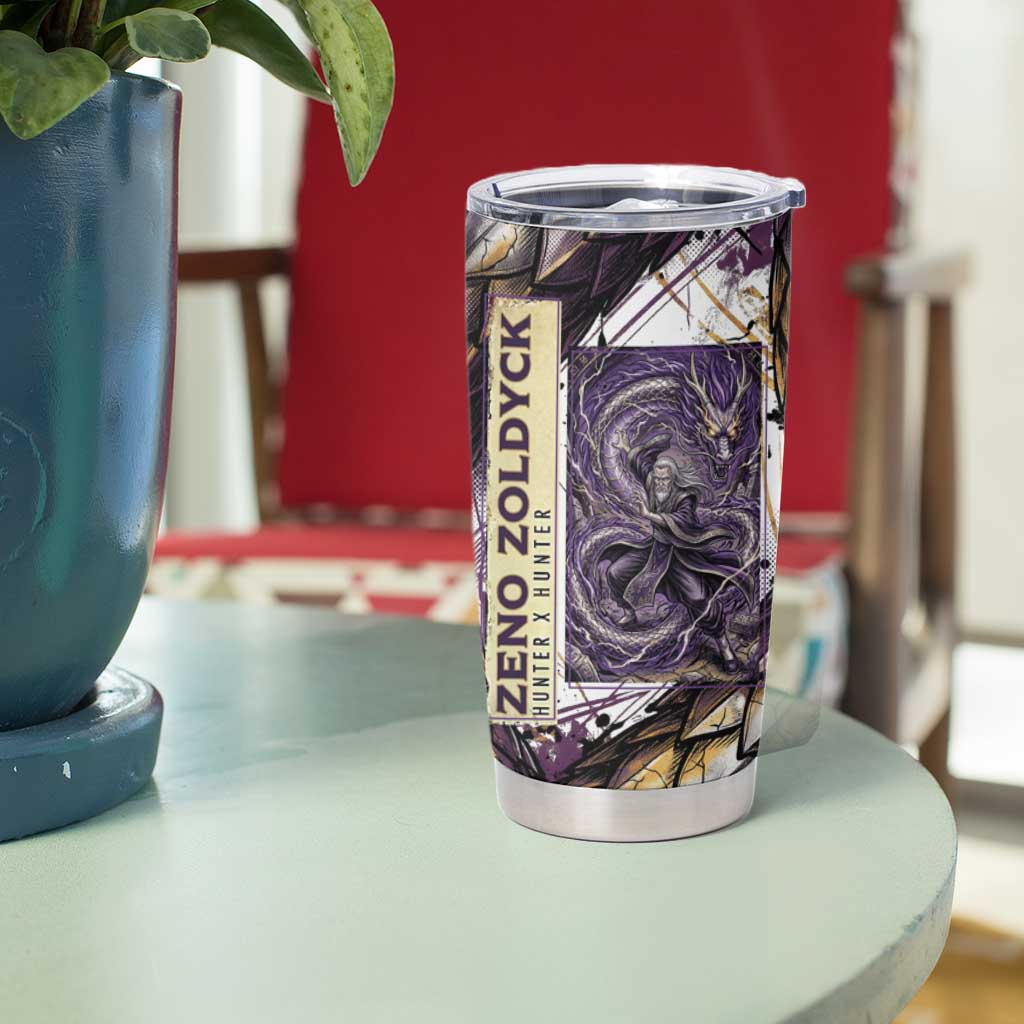 Zeno Zoldyck Theme White and Purple Dragon Aura Design Tumbler Cup with Dark Energy Card Artwork - The Mazicc