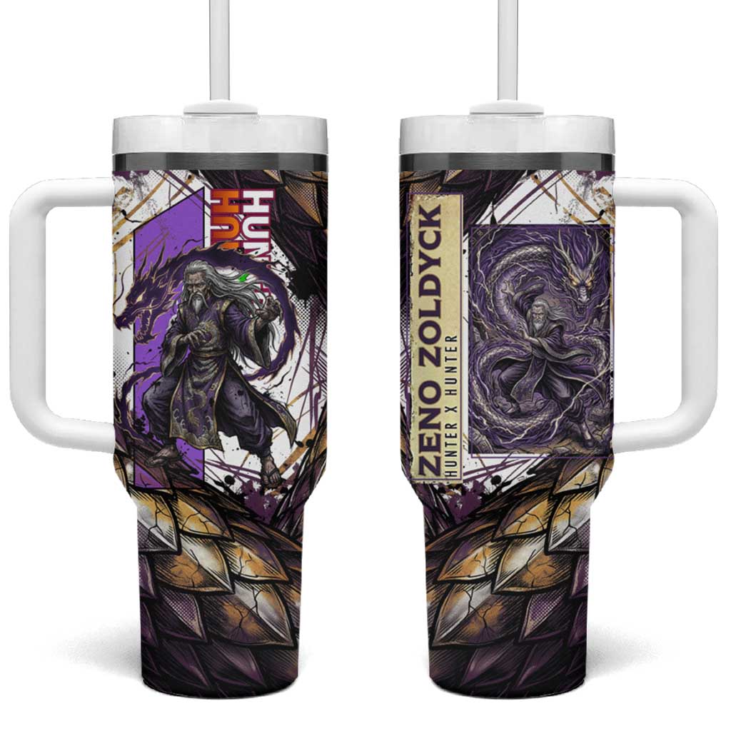 Zeno Zoldyck Theme White and Purple Dragon Aura Design Tumbler With Handle with Dark Energy Card Artwork - The Mazicc