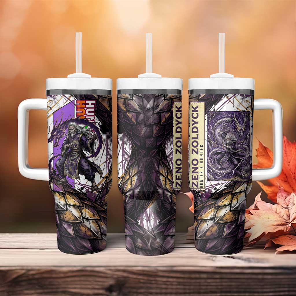 Zeno Zoldyck Theme White and Purple Dragon Aura Design Tumbler With Handle with Dark Energy Card Artwork - The Mazicc