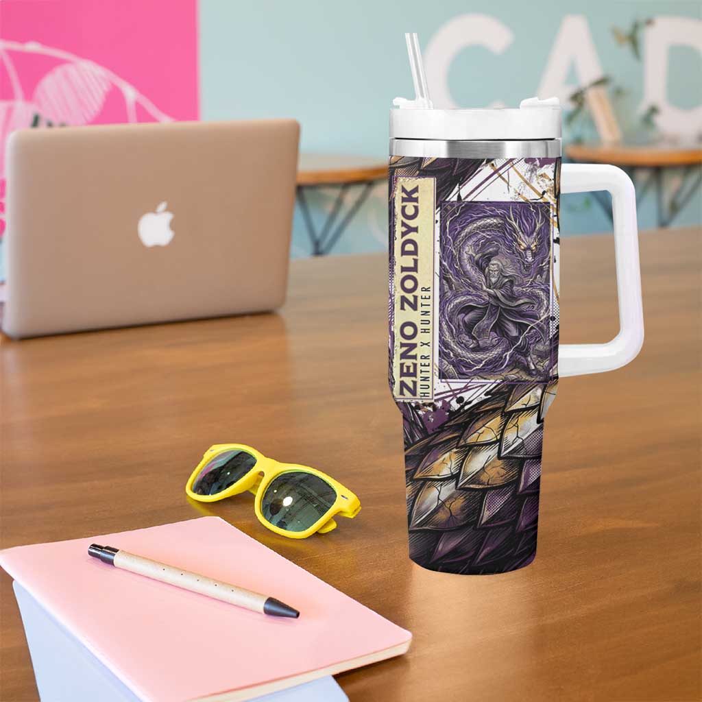 Zeno Zoldyck Theme White and Purple Dragon Aura Design Tumbler With Handle with Dark Energy Card Artwork - The Mazicc