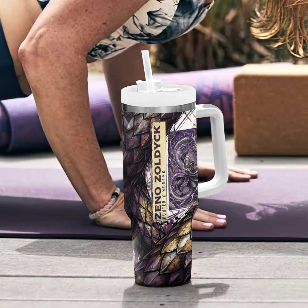Zeno Zoldyck Theme White and Purple Dragon Aura Design Tumbler With Handle with Dark Energy Card Artwork - The Mazicc