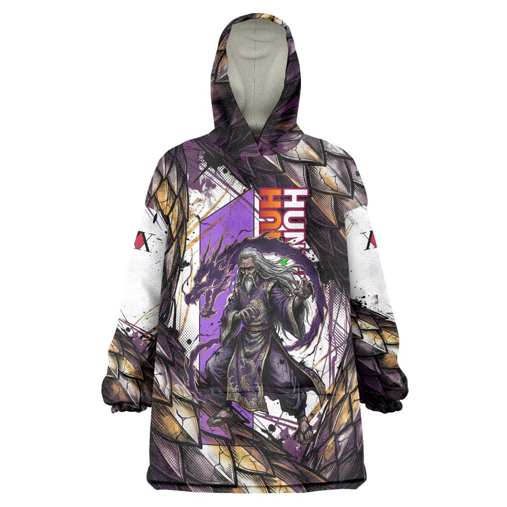 Zeno Zoldyck Theme White and Purple Dragon Aura Design Wearable Blanket Hoodie with Dark Energy Card Artwork - The Mazicc
