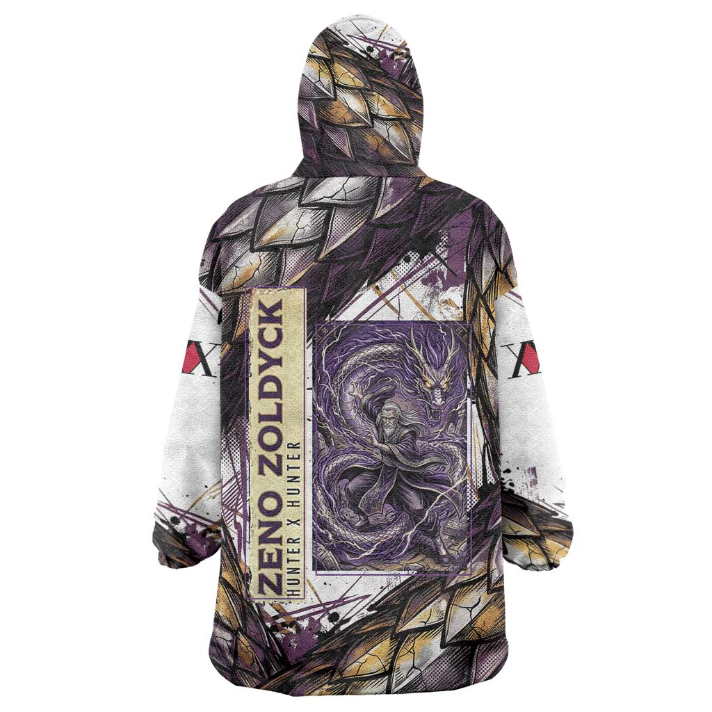 Zeno Zoldyck Theme White and Purple Dragon Aura Design Wearable Blanket Hoodie with Dark Energy Card Artwork - The Mazicc