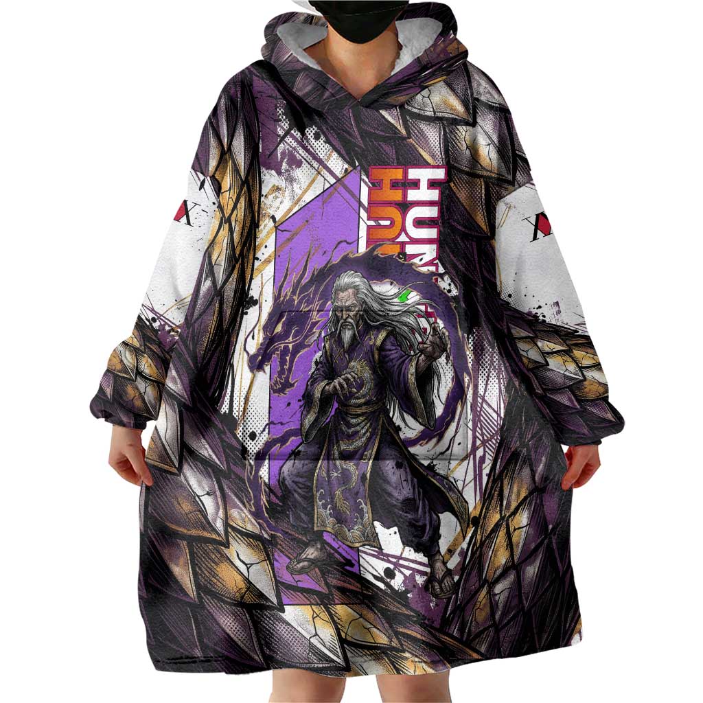 Zeno Zoldyck Theme White and Purple Dragon Aura Design Wearable Blanket Hoodie with Dark Energy Card Artwork - The Mazicc