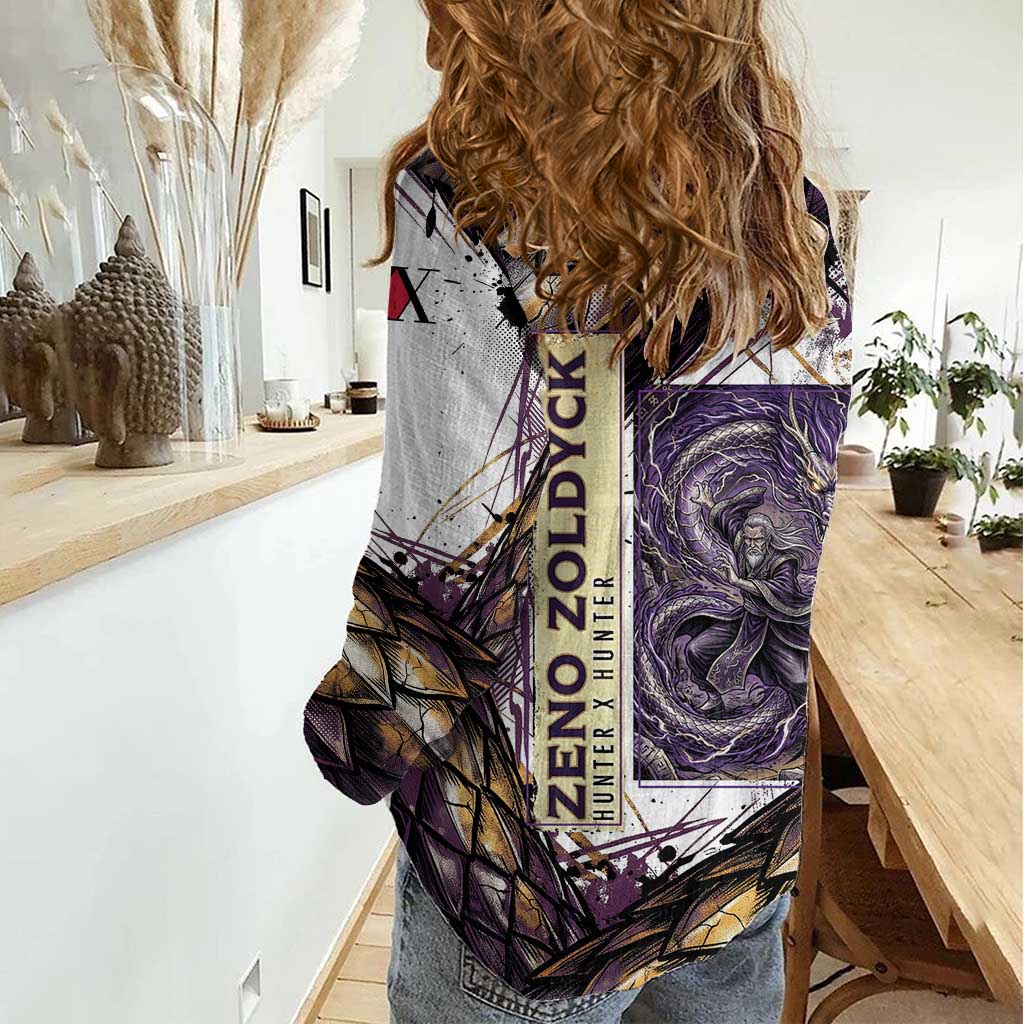 Zeno Zoldyck Theme White and Purple Dragon Aura Design Women Casual Shirt with Dark Energy Card Artwork - The Mazicc