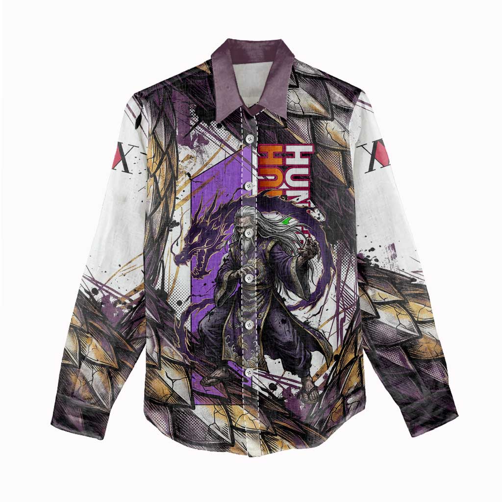 Zeno Zoldyck Theme White and Purple Dragon Aura Design Women Casual Shirt with Dark Energy Card Artwork - The Mazicc
