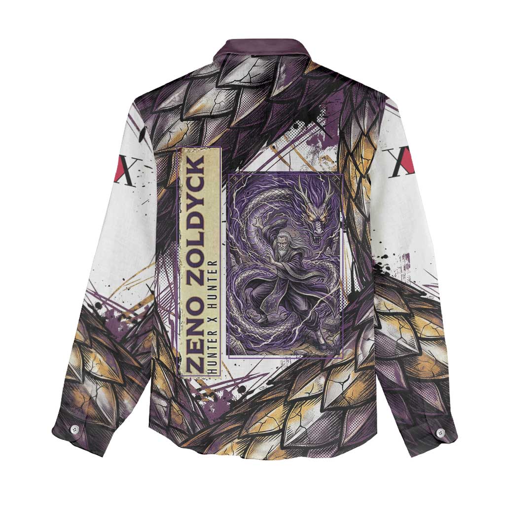 Zeno Zoldyck Theme White and Purple Dragon Aura Design Women Casual Shirt with Dark Energy Card Artwork - The Mazicc