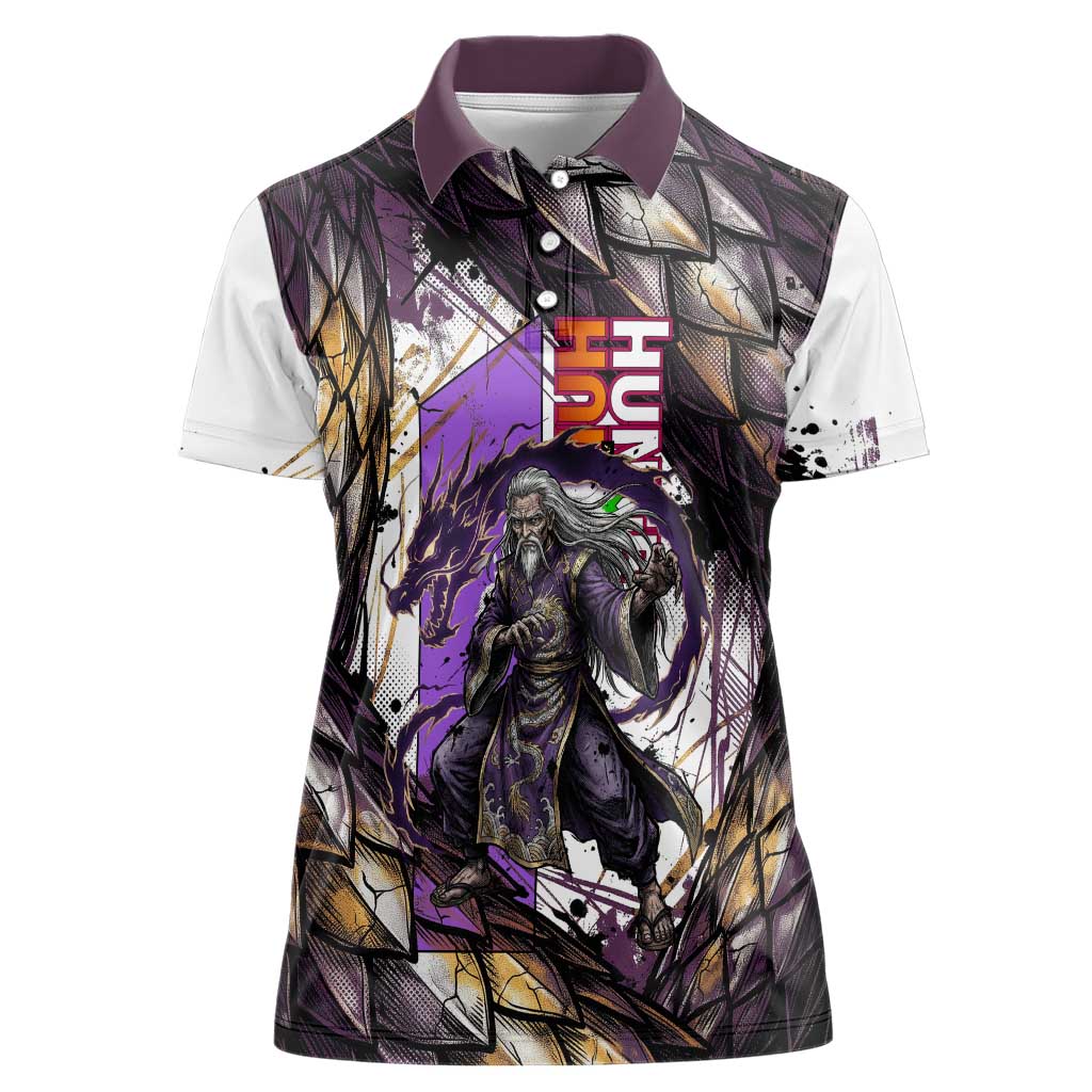 Zeno Zoldyck Theme White and Purple Dragon Aura Design Women Polo Shirt with Dark Energy Card Artwork - The Mazicc