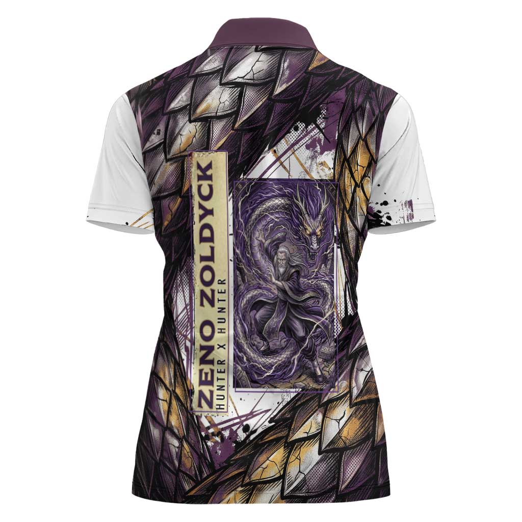 Zeno Zoldyck Theme White and Purple Dragon Aura Design Women Polo Shirt with Dark Energy Card Artwork - The Mazicc