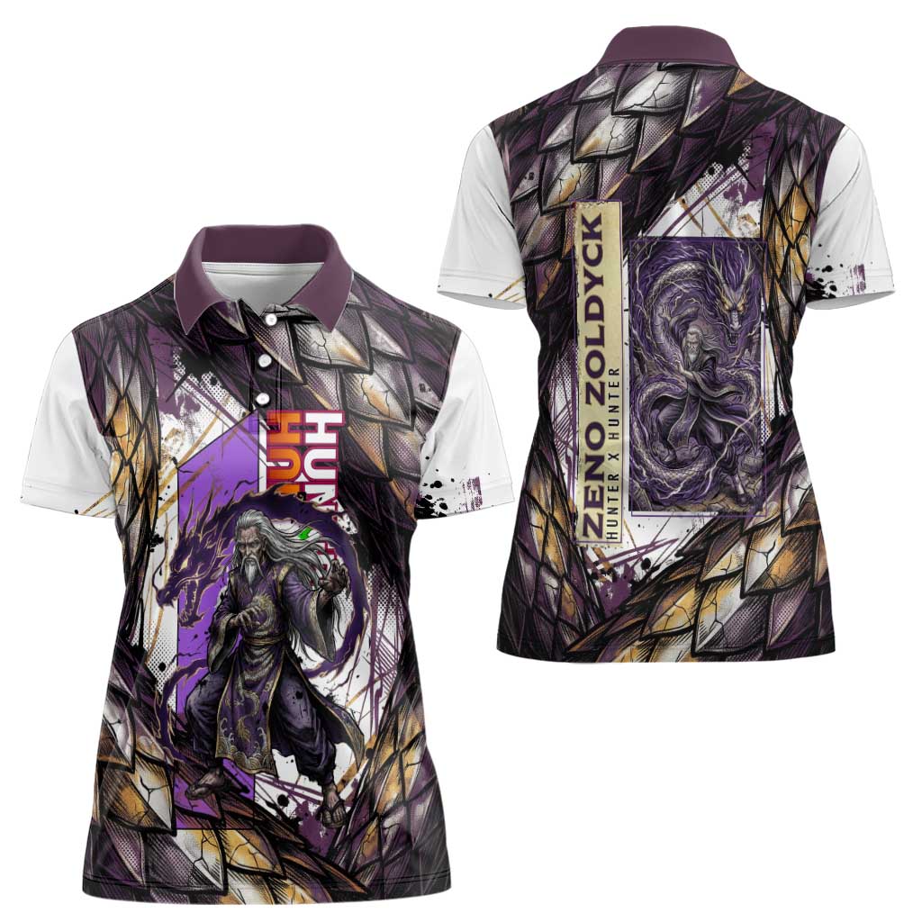 Zeno Zoldyck Theme White and Purple Dragon Aura Design Women Polo Shirt with Dark Energy Card Artwork - The Mazicc