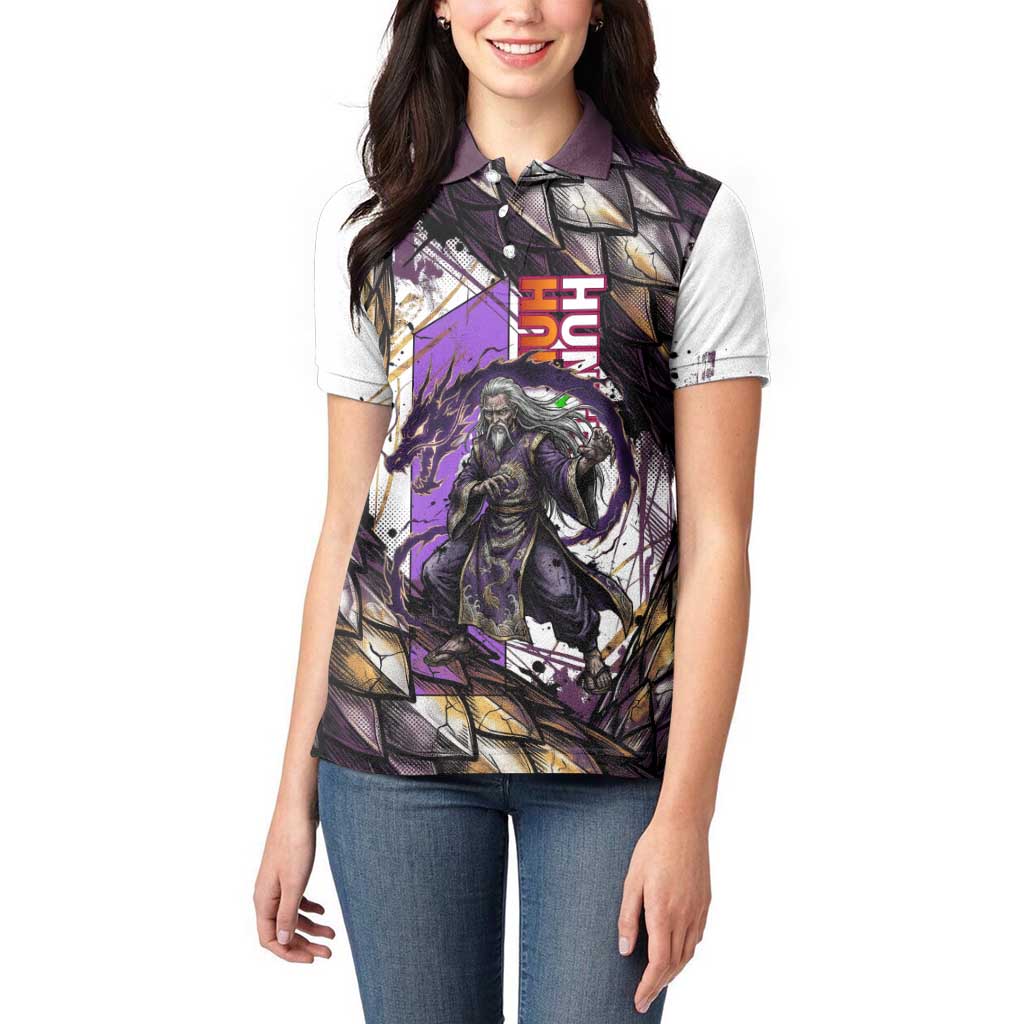 Zeno Zoldyck Theme White and Purple Dragon Aura Design Women Polo Shirt with Dark Energy Card Artwork - The Mazicc