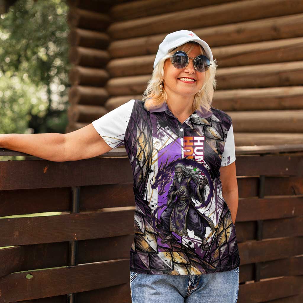 Zeno Zoldyck Theme White and Purple Dragon Aura Design Women Polo Shirt with Dark Energy Card Artwork - The Mazicc