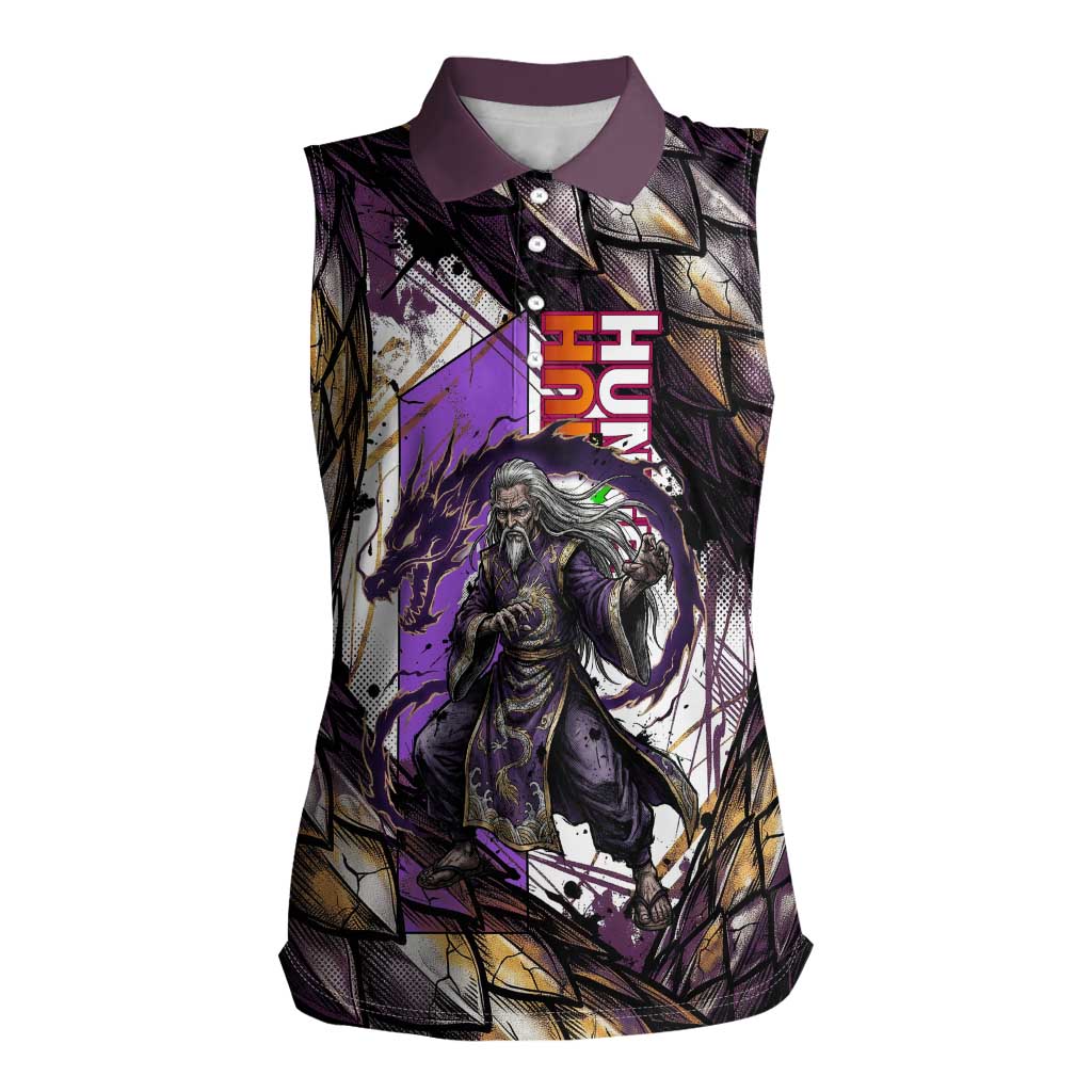 Zeno Zoldyck Theme White and Purple Dragon Aura Design Women Sleeveless Polo Shirt with Dark Energy Card Artwork - The Mazicc