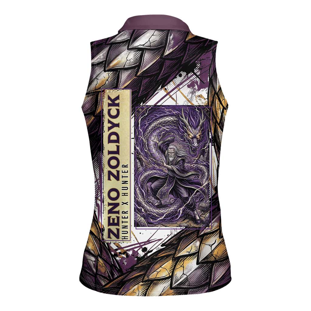 Zeno Zoldyck Theme White and Purple Dragon Aura Design Women Sleeveless Polo Shirt with Dark Energy Card Artwork - The Mazicc