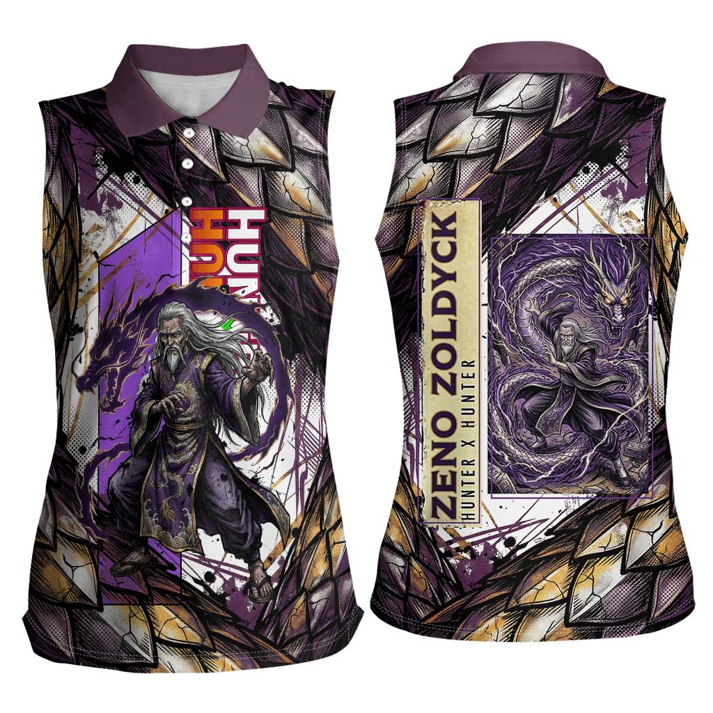 Zeno Zoldyck Theme White and Purple Dragon Aura Design Women Sleeveless Polo Shirt with Dark Energy Card Artwork - The Mazicc