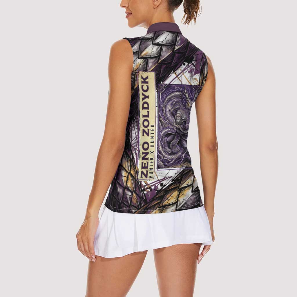 Zeno Zoldyck Theme White and Purple Dragon Aura Design Women Sleeveless Polo Shirt with Dark Energy Card Artwork - The Mazicc