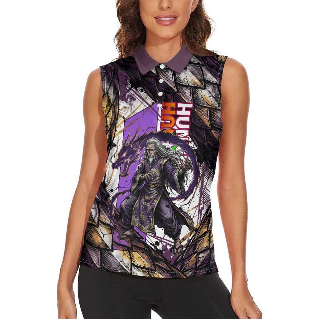 Zeno Zoldyck Theme White and Purple Dragon Aura Design Women Sleeveless Polo Shirt with Dark Energy Card Artwork - The Mazicc