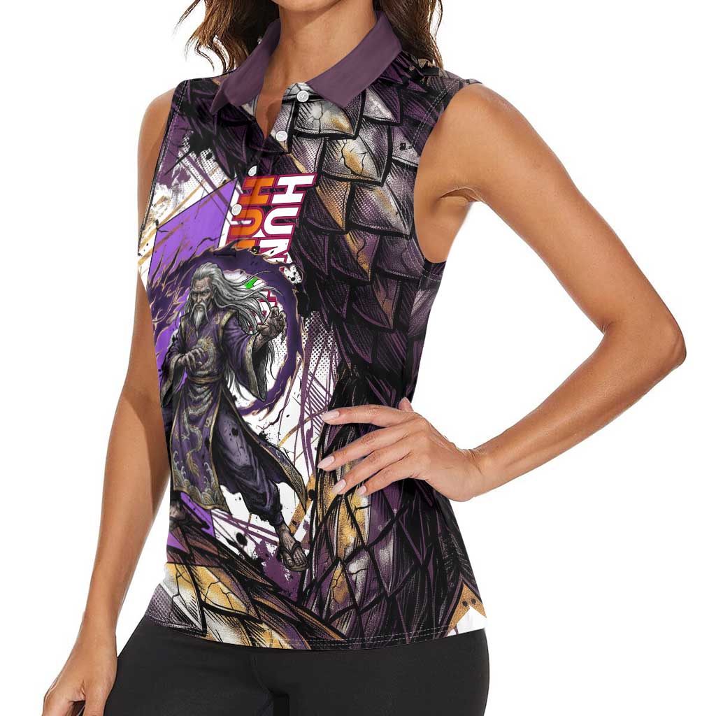 Zeno Zoldyck Theme White and Purple Dragon Aura Design Women Sleeveless Polo Shirt with Dark Energy Card Artwork - The Mazicc