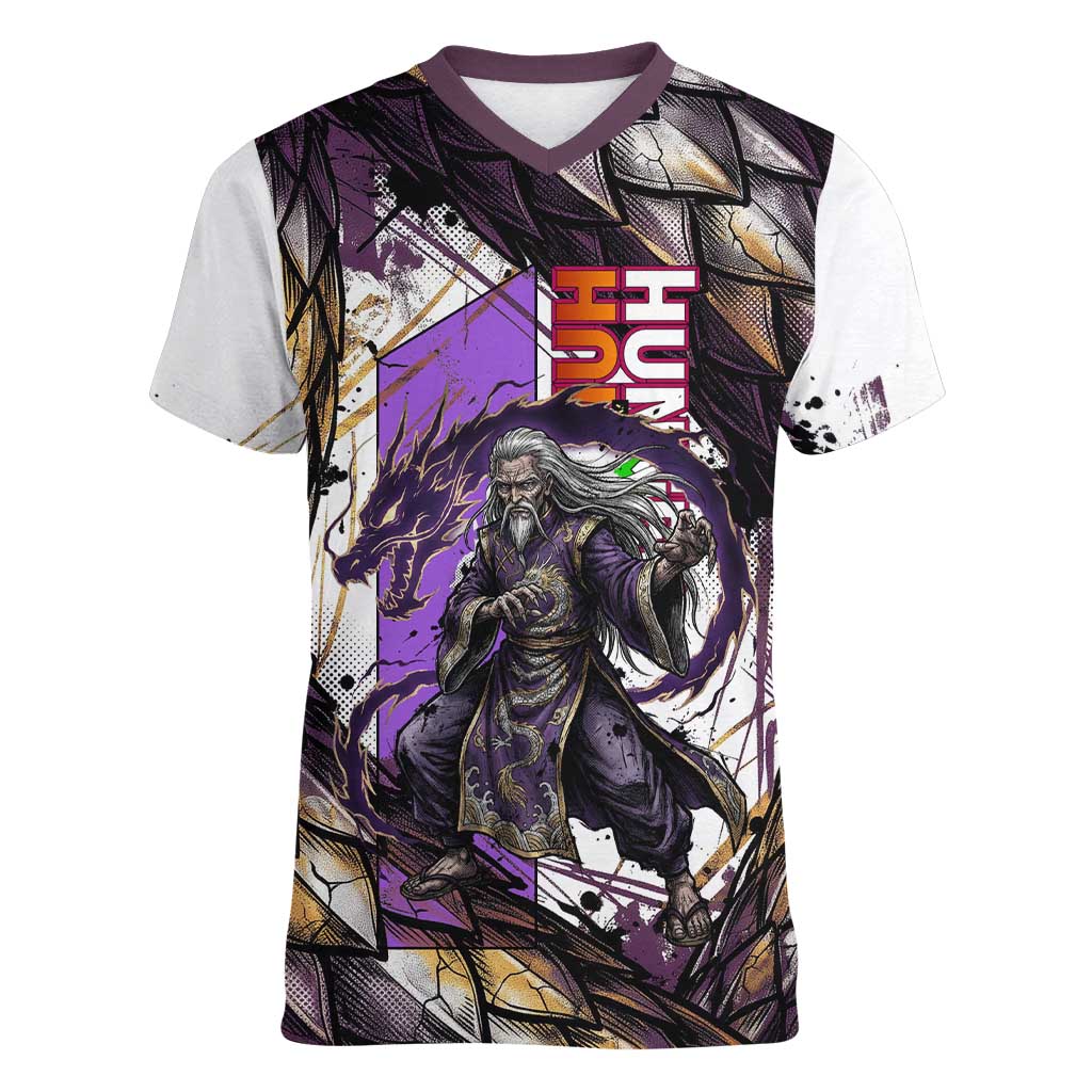 Zeno Zoldyck Theme White and Purple Dragon Aura Design Women V-Neck T-Shirt with Dark Energy Card Artwork - The Mazicc