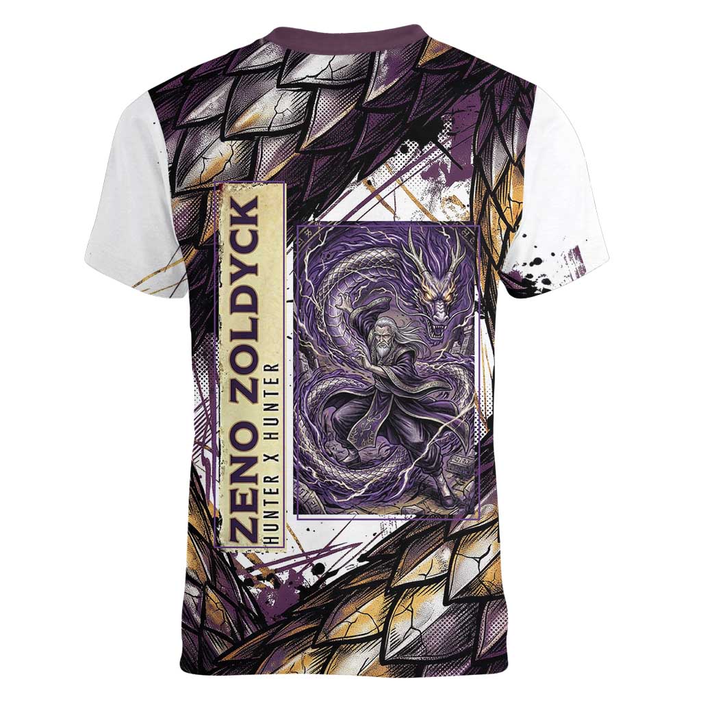 Zeno Zoldyck Theme White and Purple Dragon Aura Design Women V-Neck T-Shirt with Dark Energy Card Artwork - The Mazicc
