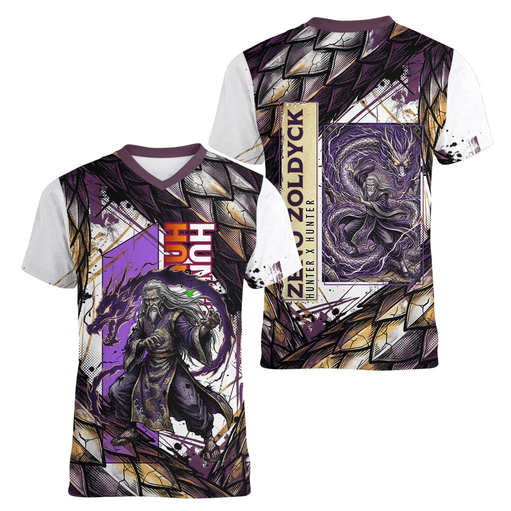 Zeno Zoldyck Theme White and Purple Dragon Aura Design Women V-Neck T-Shirt with Dark Energy Card Artwork - The Mazicc