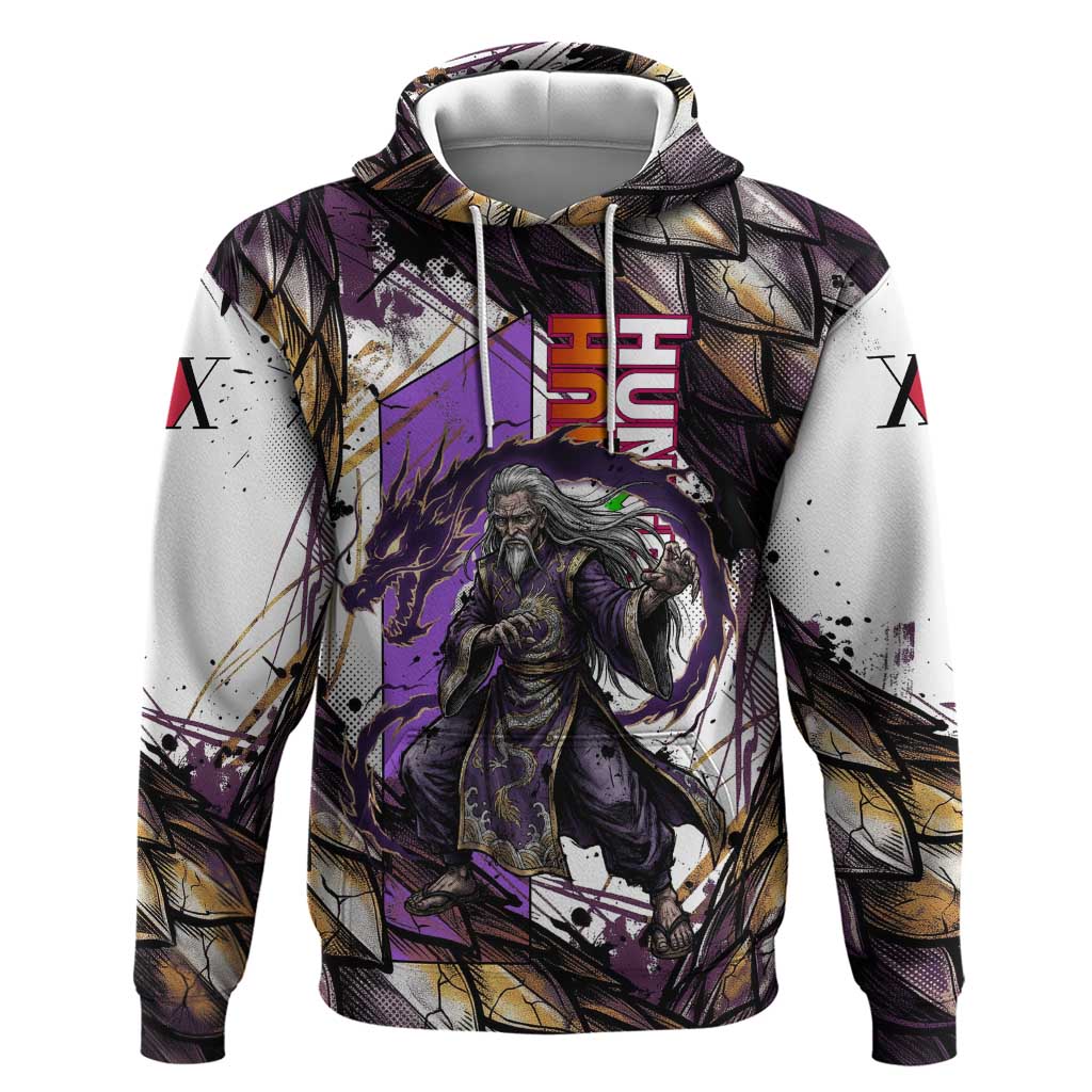 Zeno Zoldyck Theme White and Purple Dragon Aura Design Zip Hoodie with Dark Energy Card Artwork - The Mazicc
