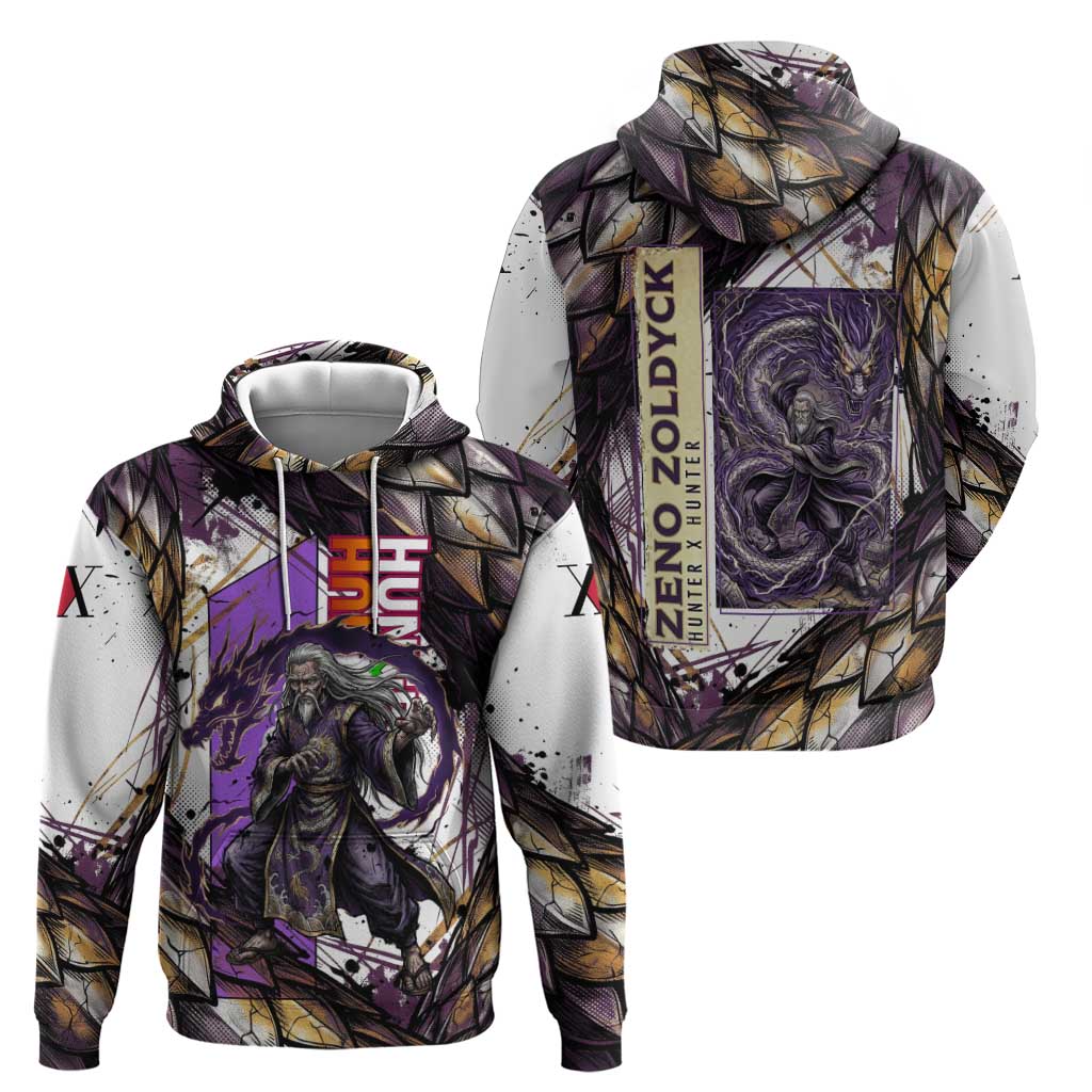 Zeno Zoldyck Theme White and Purple Dragon Aura Design Zip Hoodie with Dark Energy Card Artwork - The Mazicc