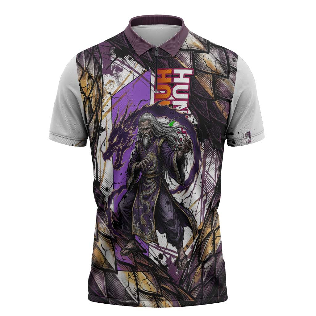 Zeno Zoldyck Theme White and Purple Dragon Aura Design Zipper Polo Shirt with Dark Energy Card Artwork - The Mazicc
