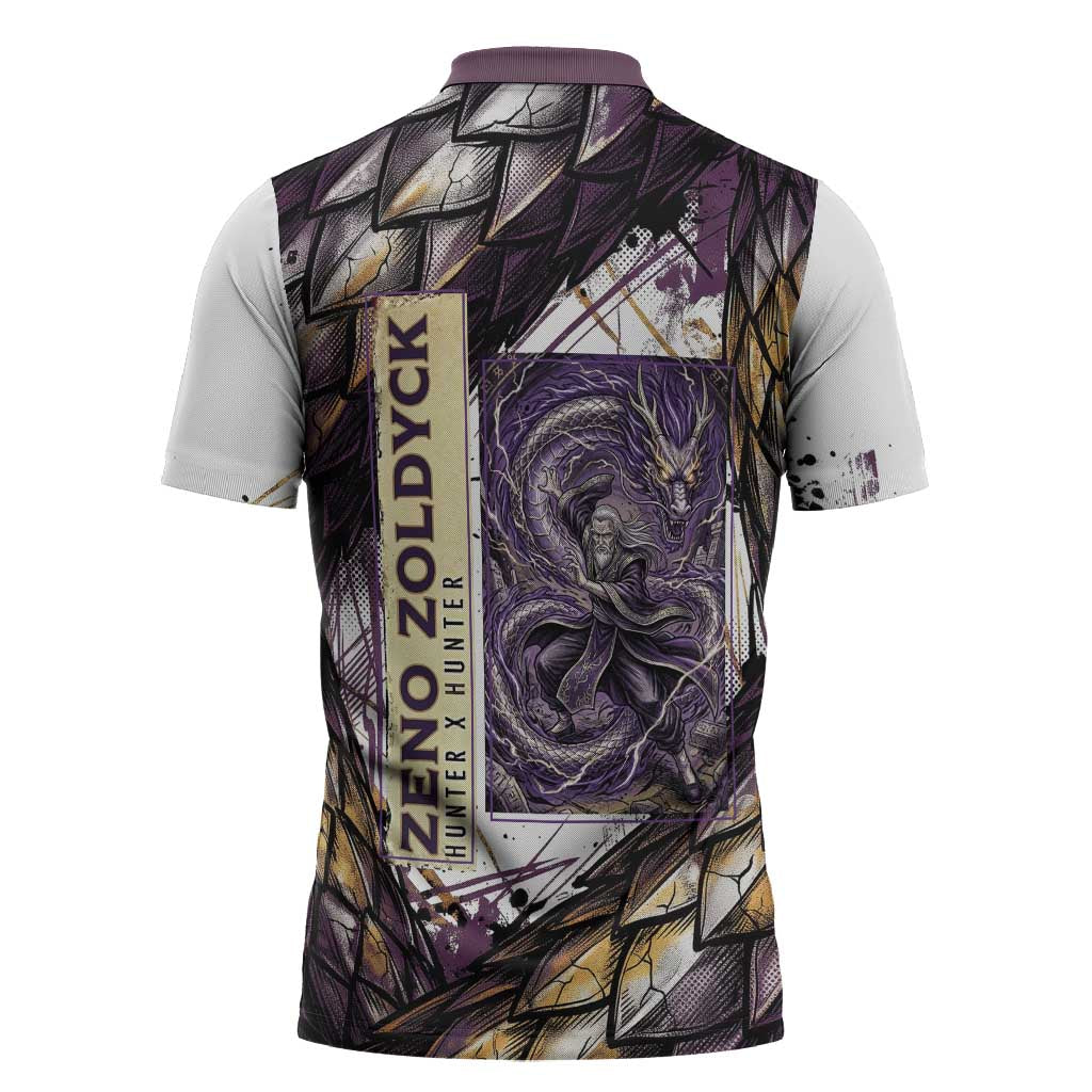 Zeno Zoldyck Theme White and Purple Dragon Aura Design Zipper Polo Shirt with Dark Energy Card Artwork - The Mazicc