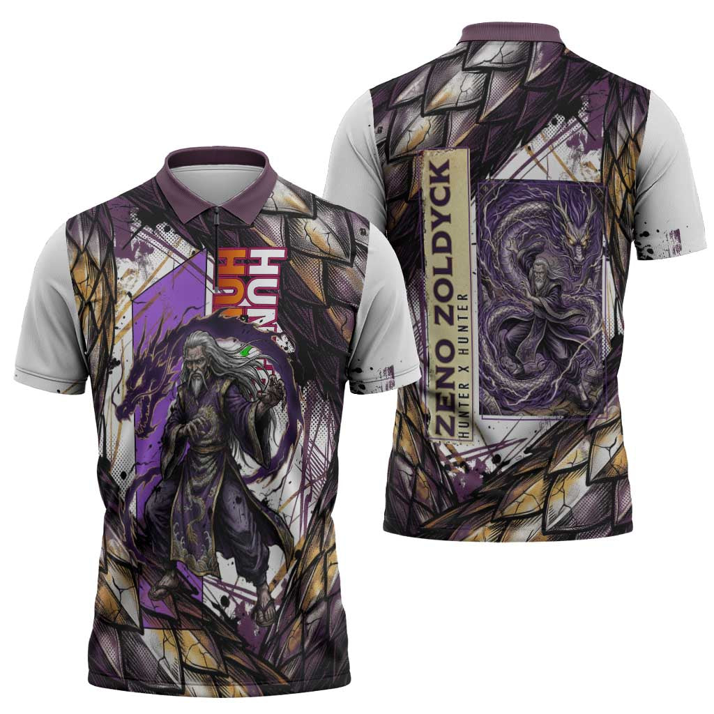 Zeno Zoldyck Theme White and Purple Dragon Aura Design Zipper Polo Shirt with Dark Energy Card Artwork - The Mazicc