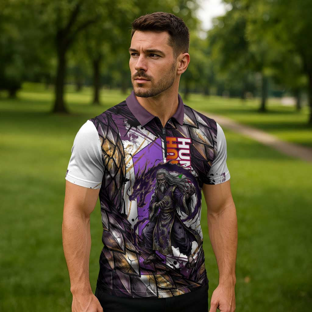 Zeno Zoldyck Theme White and Purple Dragon Aura Design Zipper Polo Shirt with Dark Energy Card Artwork - The Mazicc