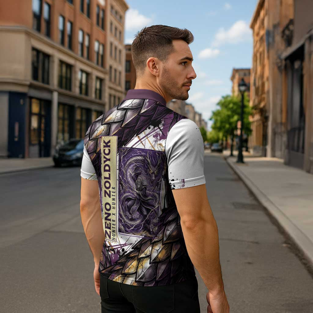Zeno Zoldyck Theme White and Purple Dragon Aura Design Zipper Polo Shirt with Dark Energy Card Artwork - The Mazicc