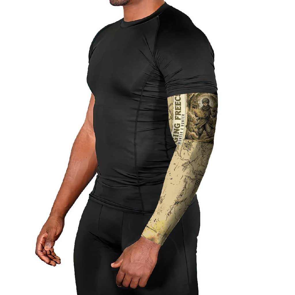 Ging Freecss Theme Desert Explorer Design Arm Sleeves with Ancient Map Background and Adventure Card Artwork - The Mazicc